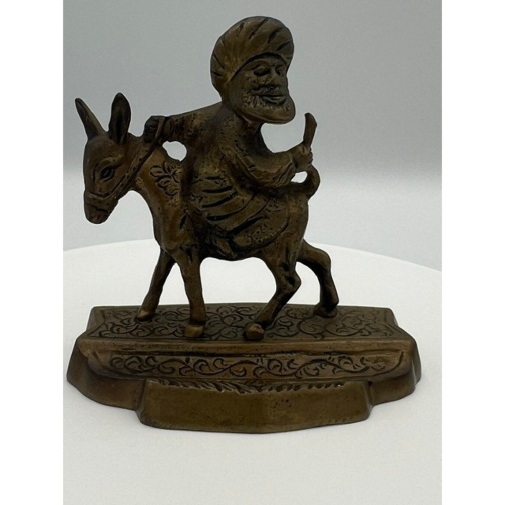 Vintage Brass Nasreddin Hodja Man Riding Donkey Figurine Etched Base Decor
